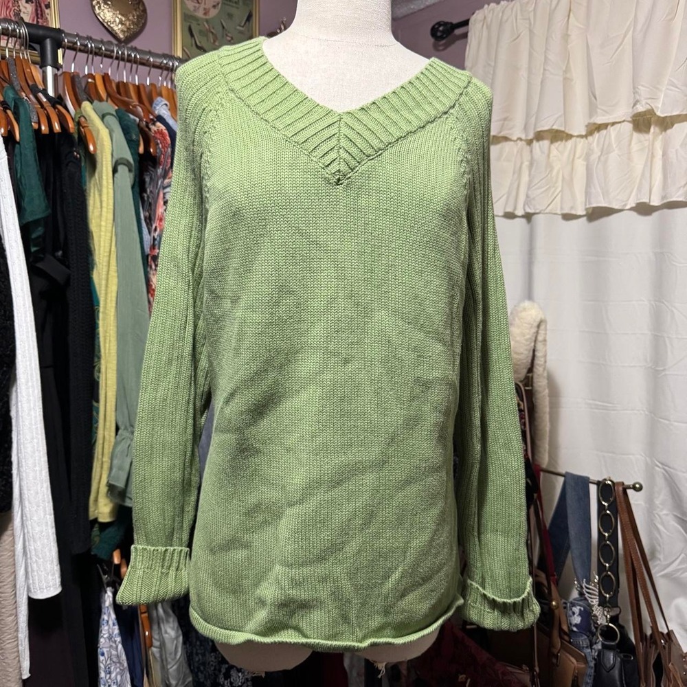 Vintage Green Cotton V-Neck Sweater